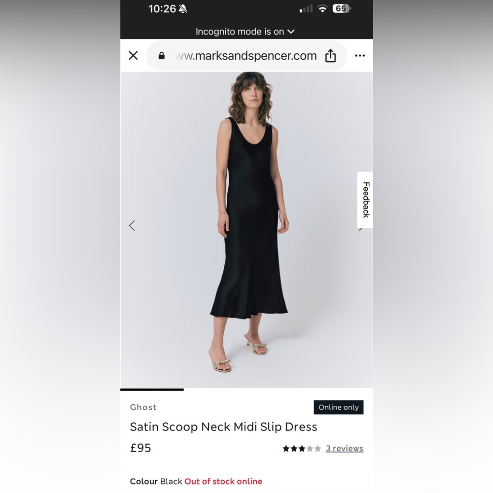 Ghost London black slip dress midi M